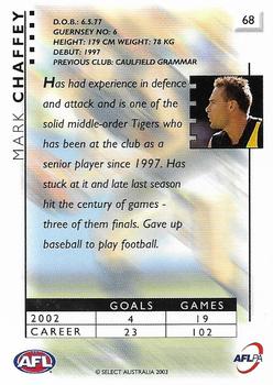 2003 Select XL Ultra AFL #68 Mark Chaffey Back